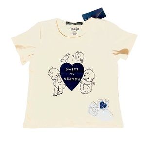 Brandy Melville Cream Navy Blue Angel Sweet as Heaven Heart Short Sleeve Top NWT